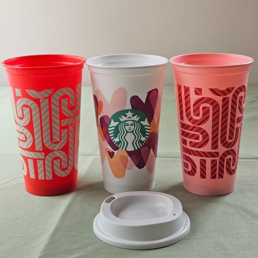 3‎ x 16oz Starbucks Reusable Plastic Hot Cups Holiday & Valentine's Day 2020